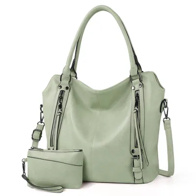 Produktbild von Handtasche Damen Schultertasche Groß Shopper Vegan Handtasche Umhängetasche Geldbörse Damen Taschen 2-Tlg (Hellgrün)