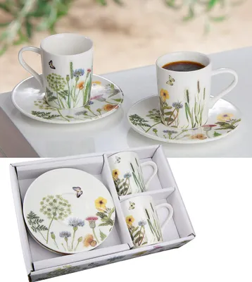 Produktbild von GILDE Espresso-Set, "Wild Flowers", Blumendesign, Porzellan, grün, weiß, VE 4, L. 14.3 cm, B. 21.3 cm, H. 6 cm