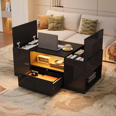 Image de Table basse noire, avec éclairage LED, 1 tiroir + 2 compartiments, 6 espaces de rangement