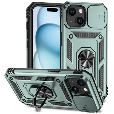 Obrázek produktu pro Pouzdro pro iPhone 15 dvouvrstvé pouzdro s posuvným krytem kamery a prstencovým stojánkem zelené