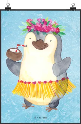 Produktbild von Mr. & Mrs. Panda Bild Pinguin Kokosnuss DIN A2 - Eisblau - Geschenk, Urlaub, Hawaii, Pinguine, Plakat, Wanddekoration, Erholt, drucke, Kunstdruck, wanddeko