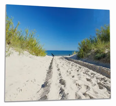 Produktbild von Wallario Herdabdeckplatte aus Glas, Größe 60 x 52 cm 1-teilig, Motiv Auf dem Sandweg zum Strand - Blauer Himmel über dem Meer