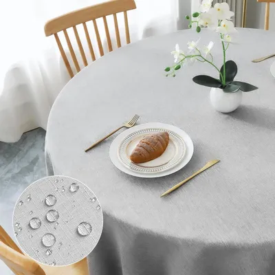 Obrázok produktu pre Obrus, okrúhly, priemer 140 cm, svetlosivý, vzhľad ľanu, umývateľný, vodeodolný, odolný voči poškriabaniu, polyester