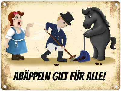 Produktbild von Metallschild mit Reiter und schwarzes Pferd Motiv und Spruch: Abäppeln gilt für