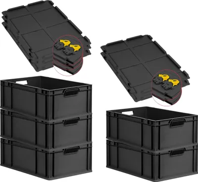 Produktbild von SuperSparSet 5x Eurobox NextGen Grip mit Scharnierdeckel und gelben Schiebeschnappverschlüssen | HxBxT 22x40x60cm | 44 Liter | Schwarz | Griffe offen | Verstärkter Boden | Eurobehälter, Transportbox, Transportbehälter, Stapelbehälter