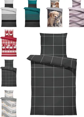 A collage of different bedding sets and pillowcases with various patterns.