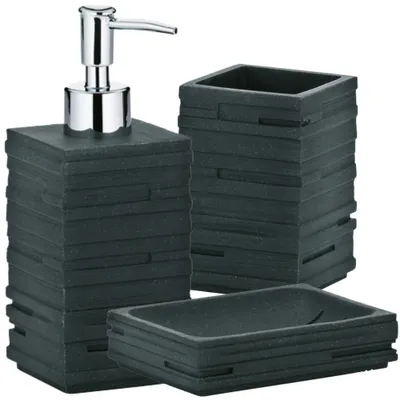 Immagine prodotto di Schläfer 285100 | Set Bagno con Dispenser Portasapone, Portaspazzolino e Portasaponetta, Accessori in Resina Effetto Pietra Naturale Grigio Antracite, 3 Pezzi