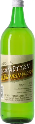 A green glass bottle of Original Prinz Schihütten Glühwein Weiss.