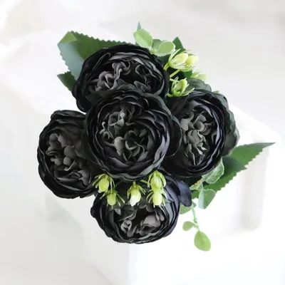 Image de Roses artificielles et pivoines - Bouquet de fleurs - 30 cm - Fleurs en soie - Décoration de mariage et d'intérieur - Décoration de vases et de tables - Noir