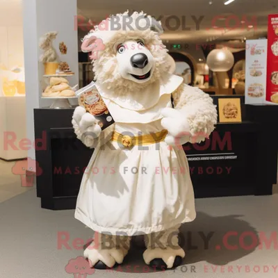 Produktbild von Maskottchen REDBROKOLY eines cremefarbenen Suffolk-Schafs bekleidet mit einem A-Linien-Kleid und Clutch-Taschen