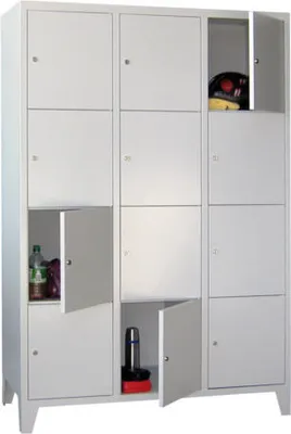 Produktbild von Schließfachschrank - 9 Fächer a 300 mm - 1.850x900x500 mm (HxBxT) - Füße - Drehriegel - lichtblau/enzianblau