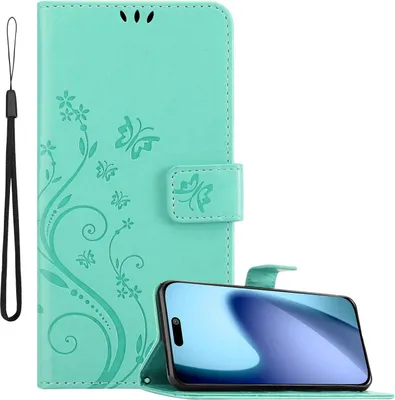 Produktbild von Cadorabo Hülle für Apple iPhone 17 Hülle in FLORAL TÜRKIS Schutzhülle im Blumen Design mit Magnetverschluss, Standfunktion und Kartenfächern Book Case Cover