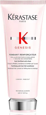 A product shot of a pink Kérastase Genesis conditioner bottle against a white background.