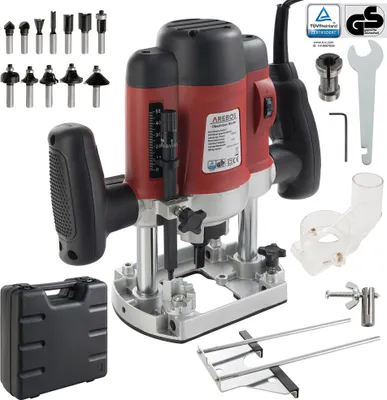 Produktbild von AREBOS Oberfräse mit Koffer, 1200 W, Ø 6 und 8 mm + Fräser Set 12-teilig