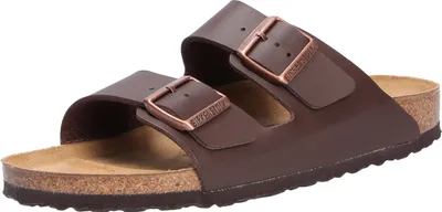 A single brown Birkenstock sandal is shown against a white background.