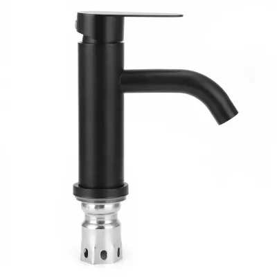 A black and silver faucet against a white background.