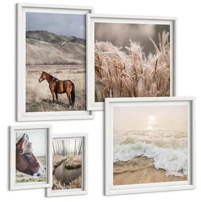 Produktbild von Bilder Set 5-teilig im weißen Rahmen – Wandbilder 5 Stück – gerahmte Poster für Wohnzimmer, Schlafzimmer und Flur – 50x50 cm - 40x60 cm – Pferdelandschaft Seegraswald