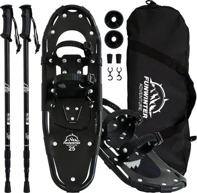 Produktbild von Famanu Schneeschuhe mit Wanderstöcken und Tragetasche - Blau/Rot/Schwarz, 21 Zoll/25 Zoll/30 Zoll