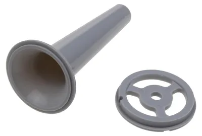 A gray sausage stuffer funnel and a gray ring are shown on a white background.