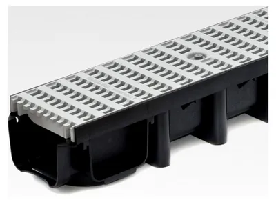 Produktbild von 6m Entwässerungsrinne B125, 98mm komplettes SET Stegrost Kunststoff (grau)