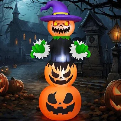 Immagine prodotto di Zucca gonfiabile di Halloween da 183 cm con cappello da strega e luci LED per decorazioni di Halloween da esterno