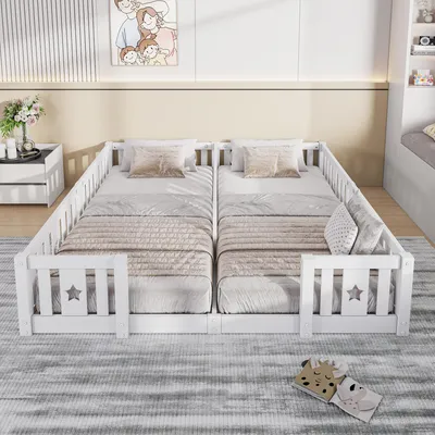 Produktbild von REMZETTA Kinderbett 90x200 cm Familienbett mit Geländer, 2 Schlafplätzen, Ohne Lattenrost, Weiß