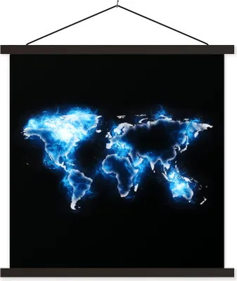 Produktbild von MuchoWow® Textilposter Weltkarte - Schwarz - Blau 90x90 cm mit schwarzem Rahmen - Magnetisches