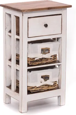 A white wooden bedside table with a wooden top, a drawer, and two woven baskets with white fabric lining.