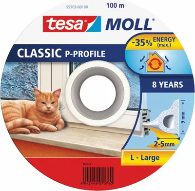 Produktbild von TESA Selbstklebende Dichtung für Fenster und Türen, Gummi, P-Profil, weiß, 100m x 9mm