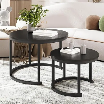 Imagen del producto de Mesa de centro redonda, juego de 2 mesas auxiliares, mesa de centro de madera, color