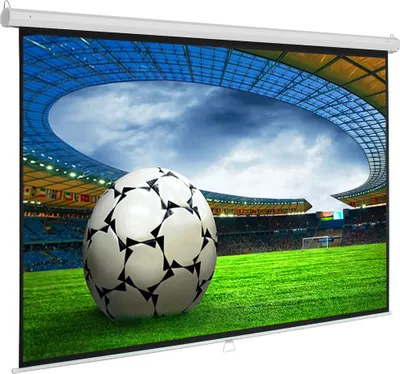 A projection screen displaying a soccer stadium with a soccer ball in the foreground.