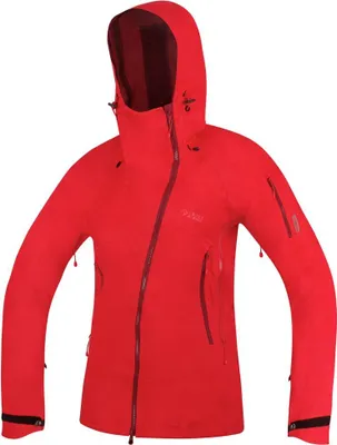 Rote Hardshelljacke "Guide Lady" von DirectAlpine mit Kapuze und Reißverschlüssen.