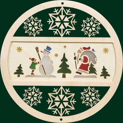 A wooden Christmas ornament with a winter scene featuring a snowman, a child, and Santa Claus.