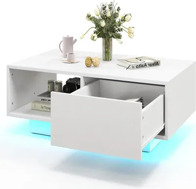 Zdjęcie produktu dla Stolik kawowy – stolik do salonu – oświetlenie LED z 20 kolorami – wysoki połysk – szuflada i schowek – biały
