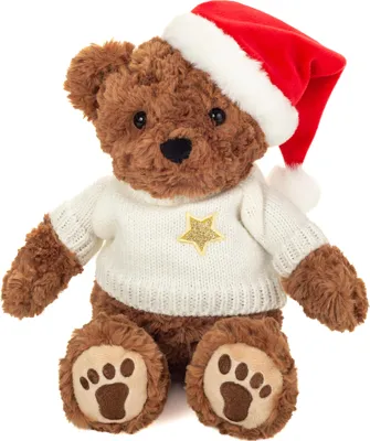A teddy bear wearing a Santa hat and a sweater.