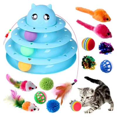 Produktbild von Interaktives Katzenspielzeug, Katzenzubehör, Spiele für den Innenbereich, 14 Stück, Katzenrollenspielzeug, Katzenfederstab, Mäuse-Spielzeug