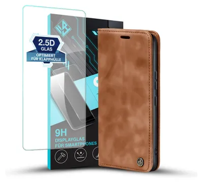 Produktbild von Handy Hülle für Motorola Moto G35 5G mit 9H Displayglas Klapphülle Bookcase Flip Cover Handy Tasche Etui Farbe: Hellbraun