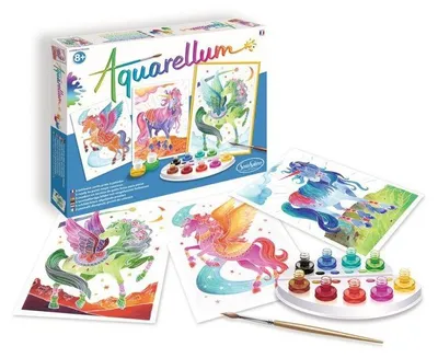Obrázok produktu pre Sada akvarelových farieb, SENTOSPHERE Aquarellum, Jednorožce a Pegasovia, 9 farieb, velínový papier, od 7 rokov