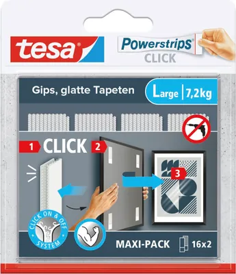 Produktbild von tesa Powerstrips Klettstrips selbstklebende Klebepads für Bilder, Wanddeko 16x2 L