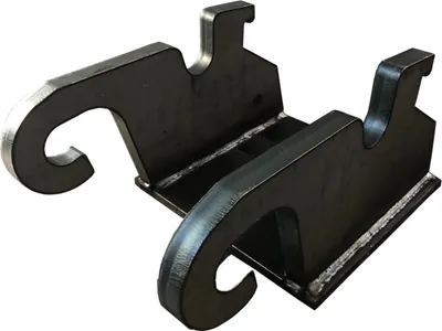 A metal adapter with two hooks and a base plate, designed for welding.