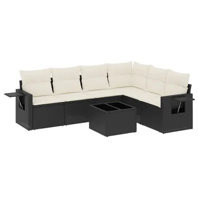Produktbild von Modulares 7-tlg. Gartenmöbel-Set, Sofagarnitur mit Gartentisch, Poly Rattan Schwarz, Hartglas-Tischplatte, Cremeweiße Kissen, UV-beständig