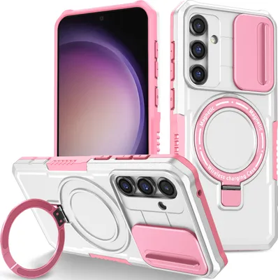 Produktbild von Handyhülle für Samsung Galaxy S23 FE Kompatibel mit MagSafe, Robuste Hülle mit Schiebe Kamera Schutz, Magnetischer Ringständer Weiß Pink