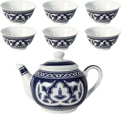 Produktbild von Teeservice Pahta Gül 7 Teilig 1 Teekanne 0,9 L + 6 Schalen Pialas weiß-blau Pachta Gul
