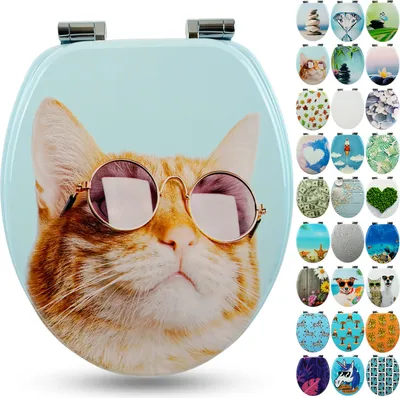 A toilet seat with a cat wearing sunglasses printed on it, surrounded by smaller images of other toilet seat designs.