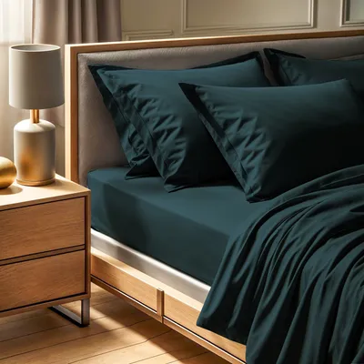 A close-up view of a bed with teal bedding and a wooden nightstand with a lamp.