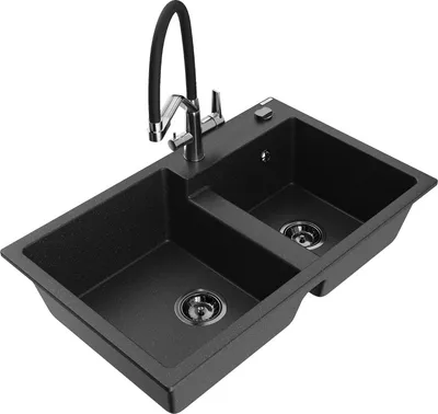 Produktbild von Mexen Tomas 2-Becken-Granitspüle mit Mischbatterie Duo, Schwarz/Silbermetallic - 6516-73-671701-07-B