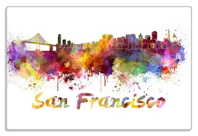 Produktbild von Wallario Frühstücksbrettchen aus Glas 20 x 30 cm mit rutschfesten Füßen, Motiv Städte als Aquarell - Skyline von San Francisco