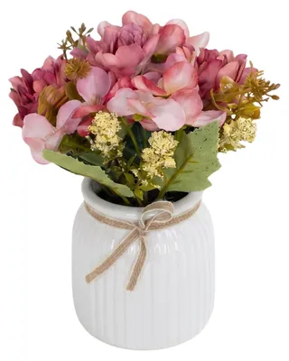 Produktbild von Künstliche Pfingstrosen im Keramiktopf, Kunstblumen Arrangement wie echt, dekorative Seidenblumen Trockenblumen Tischdeko Rosa
