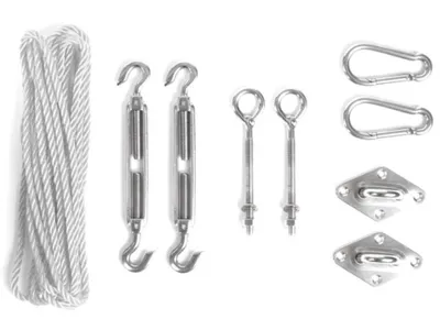 Produktbild von Perel Befestigungsset mit 2 Spannschlössern, 2 Augbolzen, 2 Augplatten, 2 Karabinerhaken, Nylon-Seil
