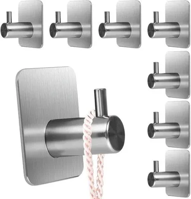 Produktbild von Unyqoos® 8er-Set selbstklebende Edelstahlhaken für Bad & Küche – wasserfest, ohne Bohren, bis 10 kg Tragkraft, ideal für Handtücher und Küchenutensilien